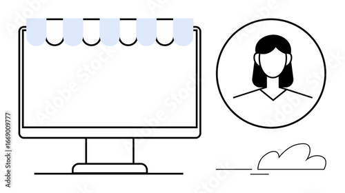 Desktop monitor with storefront awning and female avatar in side circle. Ideal for e-commerce, user profile, online marketplace, digital identity, branding, SaaS interface, simple flat metaphor