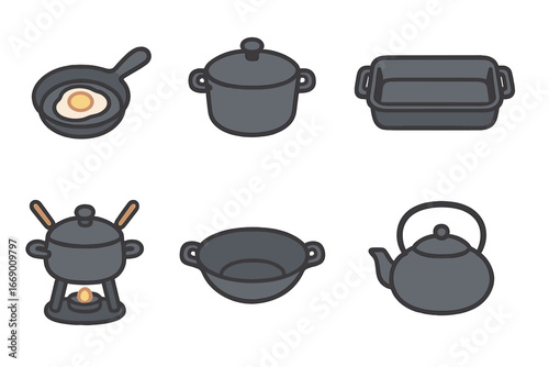 Colorful Cast Iron Icons. Flat vector mini-illustrations cast iron kitchenware in colors children's illustrations: cast iron