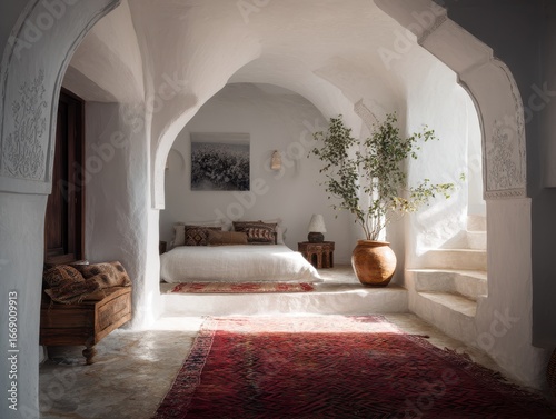 A sun-drenched bedroom, sho...