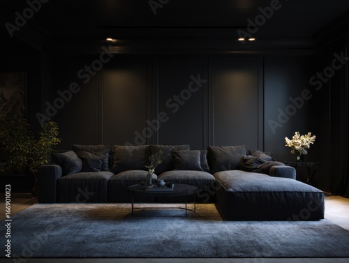 A modern, dark living room ...