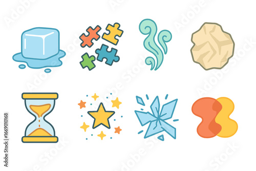 Colorful Chaos Icons. Flat vector mini-illustrations entropy in colors children's illustrations: melting ice cube, scattered