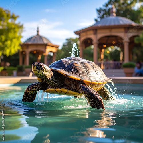 Turtle splashing in fountain