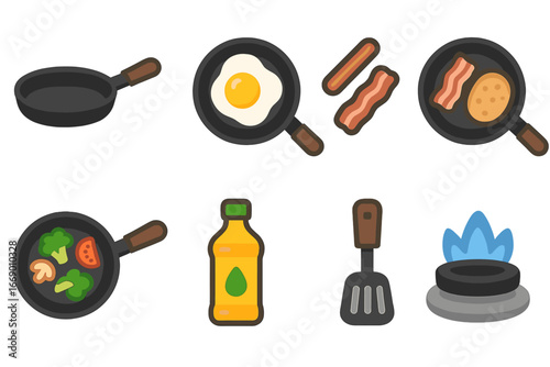 Colorful Cooking Icons. Flat vector mini-illustrations iron pan in colors children's illustrations: iron pan, fried egg, sizzling