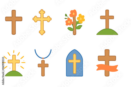Colorful Cross Illustrations. Flat vector mini-illustrations cross in colors children's illustrations: simple wooden cross, ornate