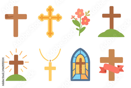 Colorful Cross Illustrations. Flat vector mini-illustrations cross in colors children's illustrations: simple wooden cross, ornate