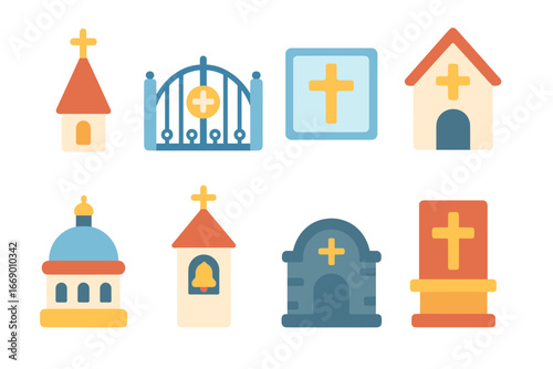 Colorful Cross Icon Grid. Flat vector mini-illustrations cross in architecture in colors children's illustrations: cross on church