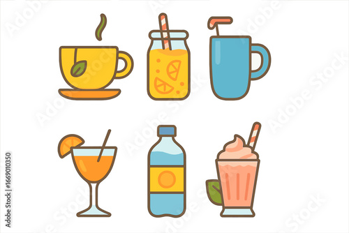 Colorful Drink Icons. Flat vector mini-illustrations lounging drinks in colors children's illustrations: tea cup, smoothie glass,