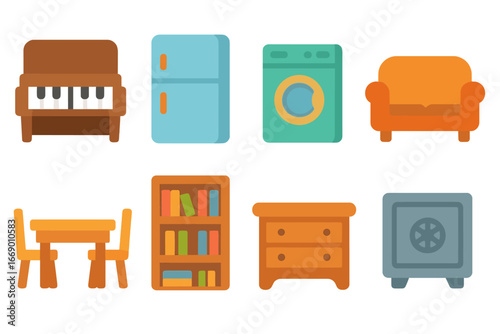 Colorful Household Icons. Flat vector mini-illustrations heavy household items in colors children's illustrations: piano,