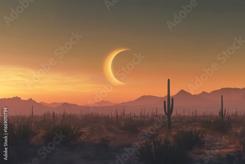 Serene desert landscape at sunset featuring saguaro cacti and a crescent-shaped celestial body in the sky.