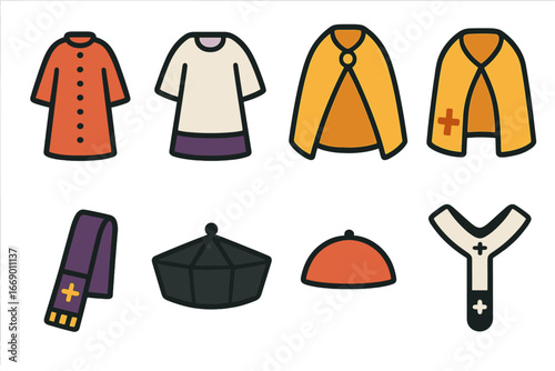 Colorful Liturgical Garments. Flat vector mini-illustrations Liturgical garments in colors children's illustrations: cassock,