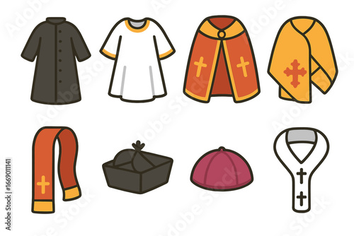 Colorful Liturgical Garments. Flat vector mini-illustrations Liturgical garments in colors children's illustrations: cassock,