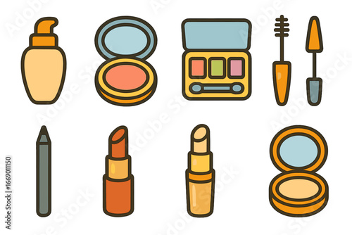 Colorful Makeup Icons. Flat vector mini-illustrations makeup products in colors children's illustrations: foundation, blush,
