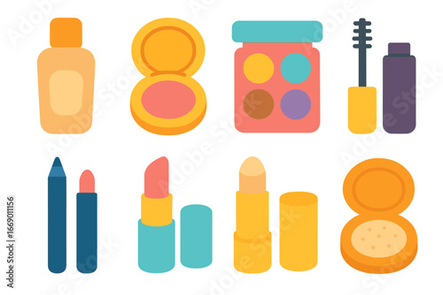 Colorful Makeup Icons. Flat vector mini-illustrations makeup products in colors children's illustrations: foundation, blush,