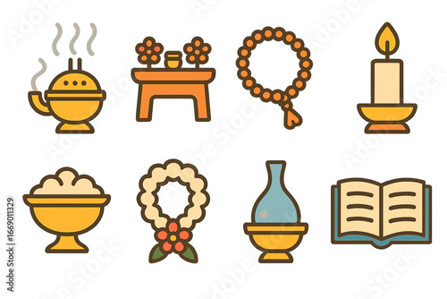 Colorful Ritual Icons. Flat vector mini-illustrations blessing ritual in colors children's illustrations: incense burner, altar