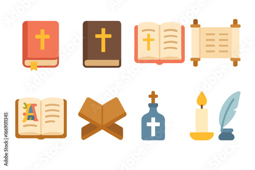 Colorful Sacred Books & Beads. Flat vector mini-illustrations Sacred books in colors children's illustrations: prayer book, bible,