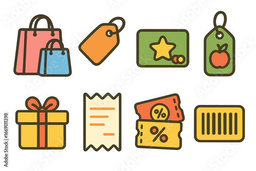 Colorful Shop Icons. Flat vector mini-illustrations shop accessories in colors children's illustrations: shopping bags, price tags