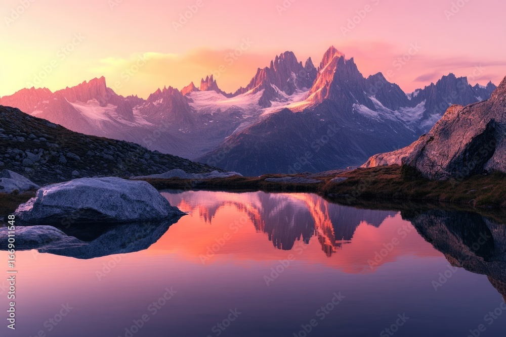 Fototapeta premium Jagged mountain peaks reflect in a calm lake at sunset, bathed in a warm, pink glow, creating a serene landscape.