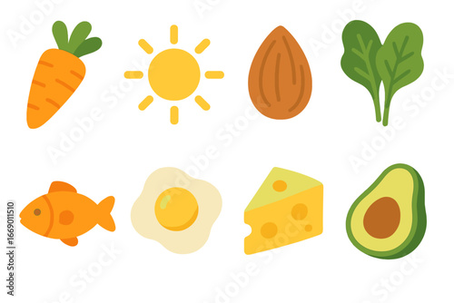 Colorful Vitamin Icons. Flat vector mini-illustrations fat-soluble vitamins in colors children's illustrations: vitamin A carrot,