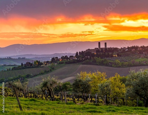 Tuscan sunset over rolling hills