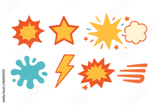 Comic Sound Burst Icons. Flat vector mini-illustrations comic sound bursts in colors children's illustrations: POW burst, BAM star