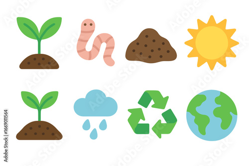 Composting Cycle Icons. Flat vector mini-illustrations benefits of composting in colors children's illustrations: healthy plant,