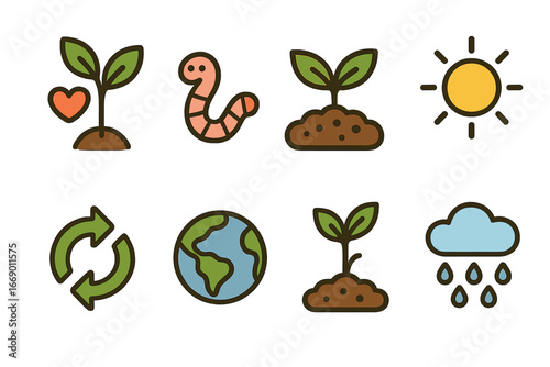 Composting Cycle Icons. Flat vector mini-illustrations benefits of composting in colors children's illustrations: healthy plant,
