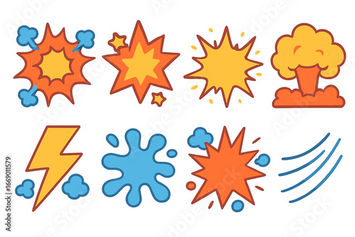 Comic Explosion Icons. Flat vector mini-illustrations comic explosion effects in colors children's illustrations: POW burst, BAM