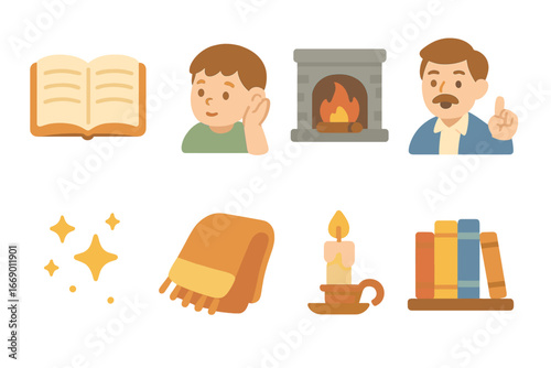 Cozy Storytime Icons. Flat vector mini-illustrations classic storytelling in colors children's illustrations: open book, child