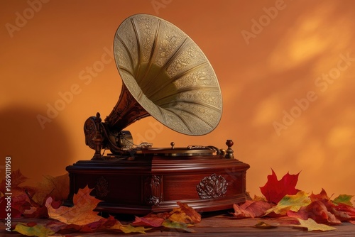 An antique gramophone with ornate horn stands among fallen autumn leaves, evoking nostalgia and a vintage aesthetic.