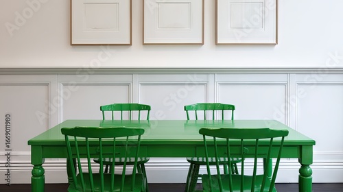 Green painted dining table and chairs in a room with framed artwork.