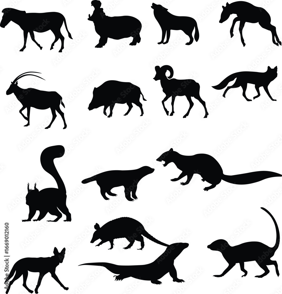 Obraz premium A black vector set of wild animal silhouettes including a running tiger, lion, bear, and wolf