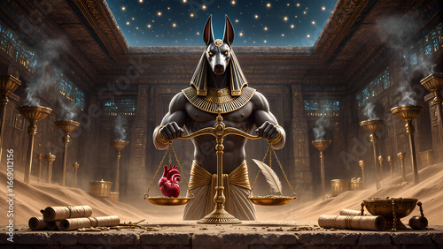 Anubis weighing heart and feather in temple
