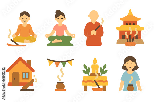 Cultural Incense Icons. Flat vector mini-illustrations cultural incense uses in colors children's illustrations: meditation