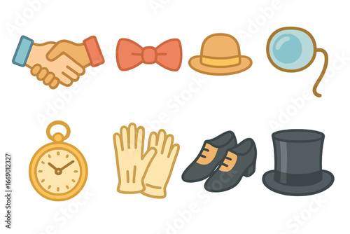 Elegant Accessories Icons. Flat vector mini-illustrations social refinement in colors children's illustrations: handshake, bow tie