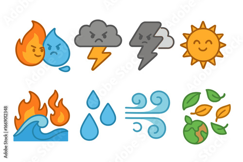 Elements Showdown Grid. Flat vector mini-illustrations clash of elements in colors children's illustrations: fire and water,