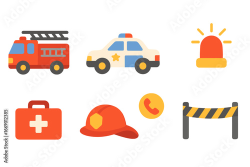 Emergency Vehicles Icons. Flat vector mini-illustrations emergency in colors children's illustrations: fire truck, police car,