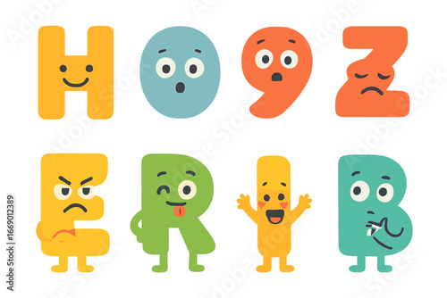 Emotional Alphabet Icons. Flat vector mini-illustrations font emotions in colors children's illustrations: happy letter, surprised