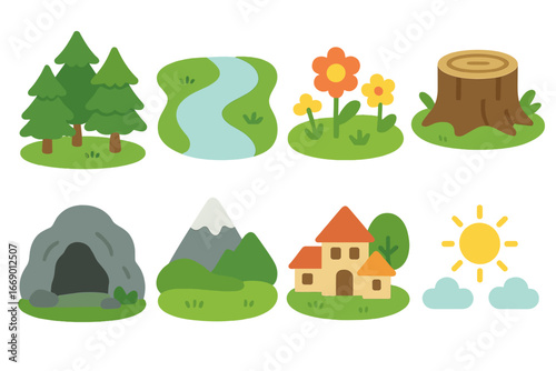 Fable Settings Icons. Flat vector mini-illustrations fable settings in colors children's illustrations: forest, river, meadow,