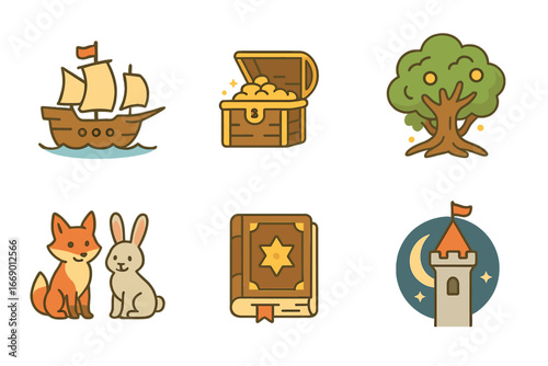 Fairy Tale Icons. Flat vector mini-illustrations classic stories in colors children's illustrations: wooden ship, treasure chest,