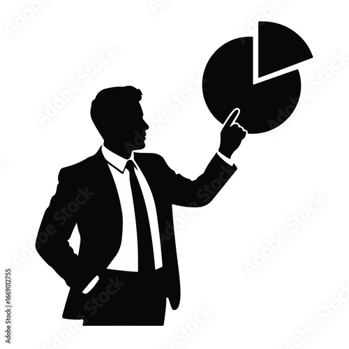 Professional businessman pointing at pie chart, presenting business analysis, highlighting success, and achieving targets with data insights
