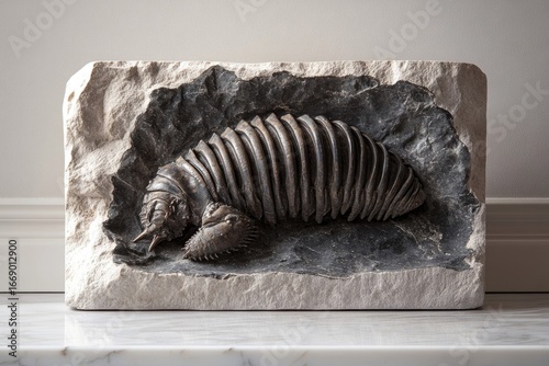 Fossilized trilobite preserved in stone, showcasing its segmented body and ancient origins on a marble surface with grey background.