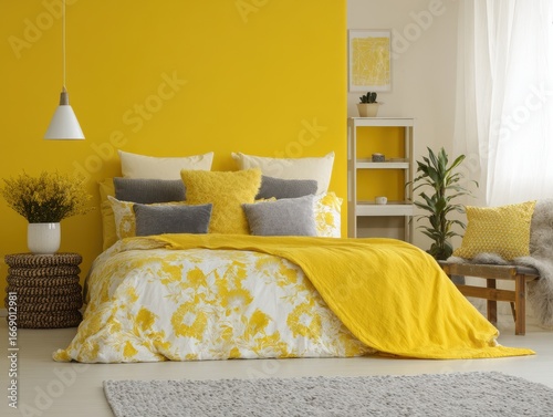 A cheerful bedroom boasts a...