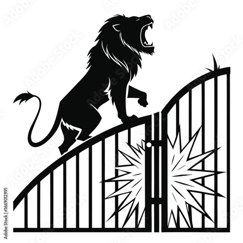 Lion roaring above shattered gate silhouette