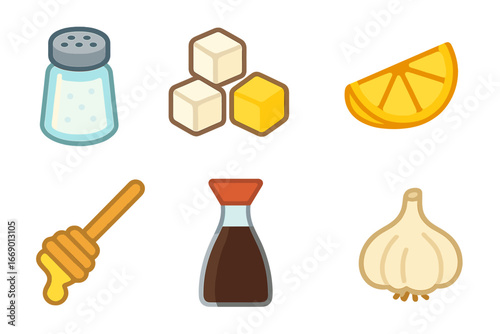 Flavor Boosting Icons. Flat vector mini-illustrations taste enhancement in colors children's illustrations: salt shaker, sugar