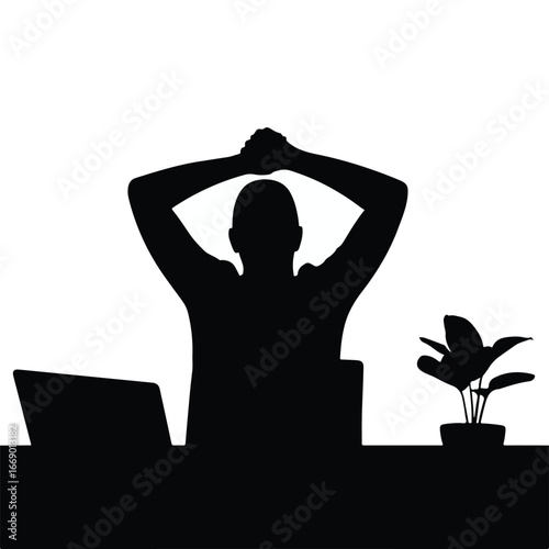 Relaxed professional taking a break at desk with laptop and plant, contemplating ideas and solutions in a modern workspace setting