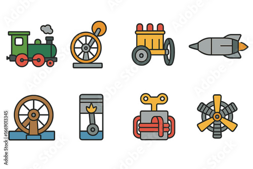 Historical Engines Icons. Flat vector mini-illustrations historical engines in colors children's illustrations: steam locomotive