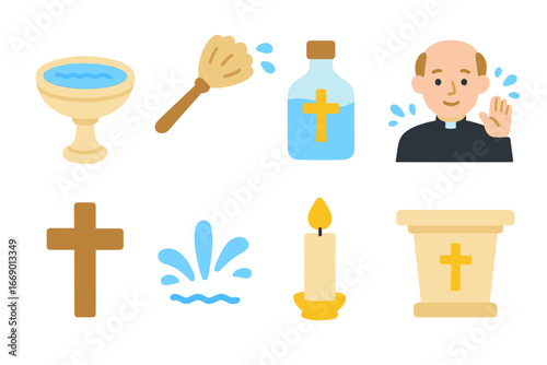 Holy Water Icons. Flat vector mini-illustrations holy water in colors children's illustrations: holy water font, aspergillum,