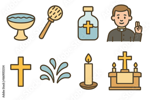 Holy Water Icons. Flat vector mini-illustrations holy water in colors children's illustrations: holy water font, aspergillum,
