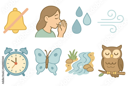 Hush Sounds Icons. Flat vector mini-illustrations hush sounds in colors children's illustrations: muted bell, soft whisper, light