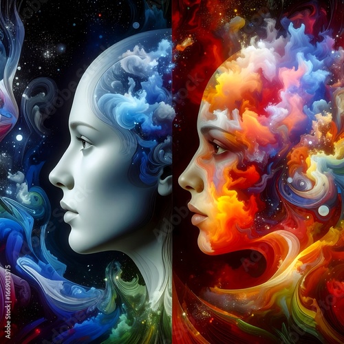 Two abstract faces, contrasting colors, swirling patterns